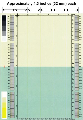 Vertical lines repeating every 1.3 inches (32 mm)