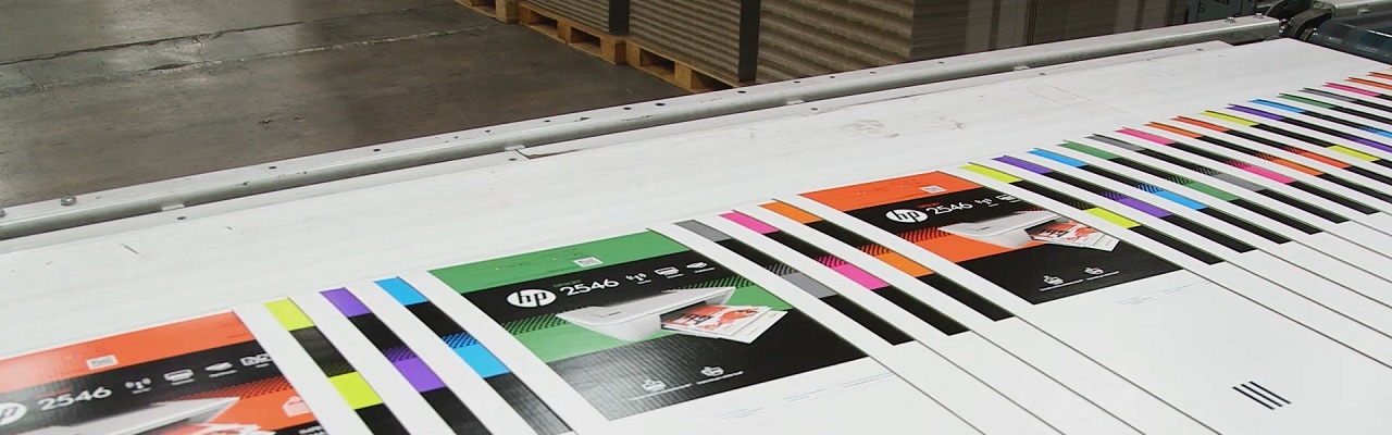 Image of a printed job in a HP PageWide Corrugated Press.