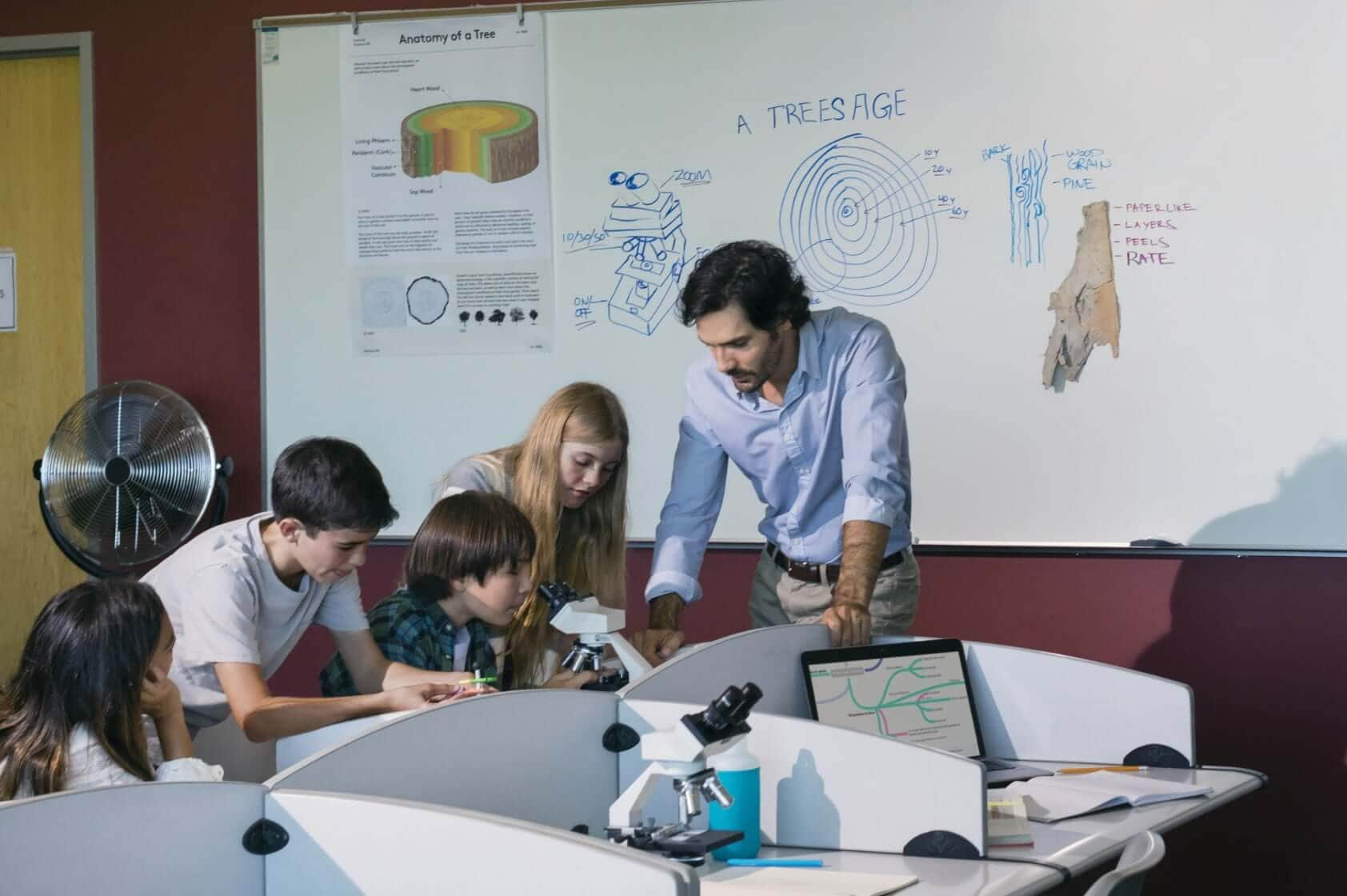 Young male teacher in front of classroom whiteboard with student group and HP LaserJet MFP