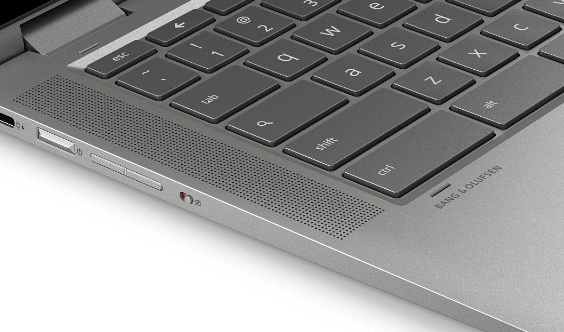 Close-up HP Chromebook keyboard showing speakers localization