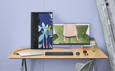 Two HP Monitors, one in portrait mode showing colorful images on screen