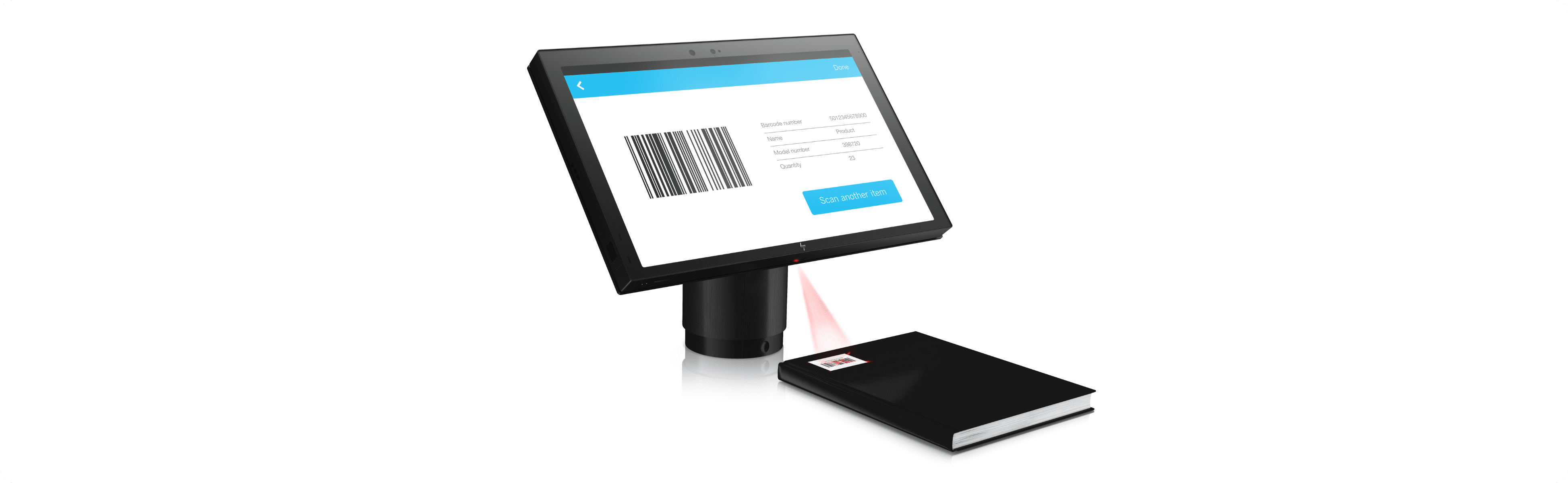 HP Engage One Pro scanning a book's barcode