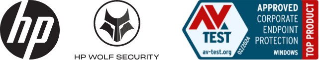 HP, HP Wolf Security and AV-TEST logos