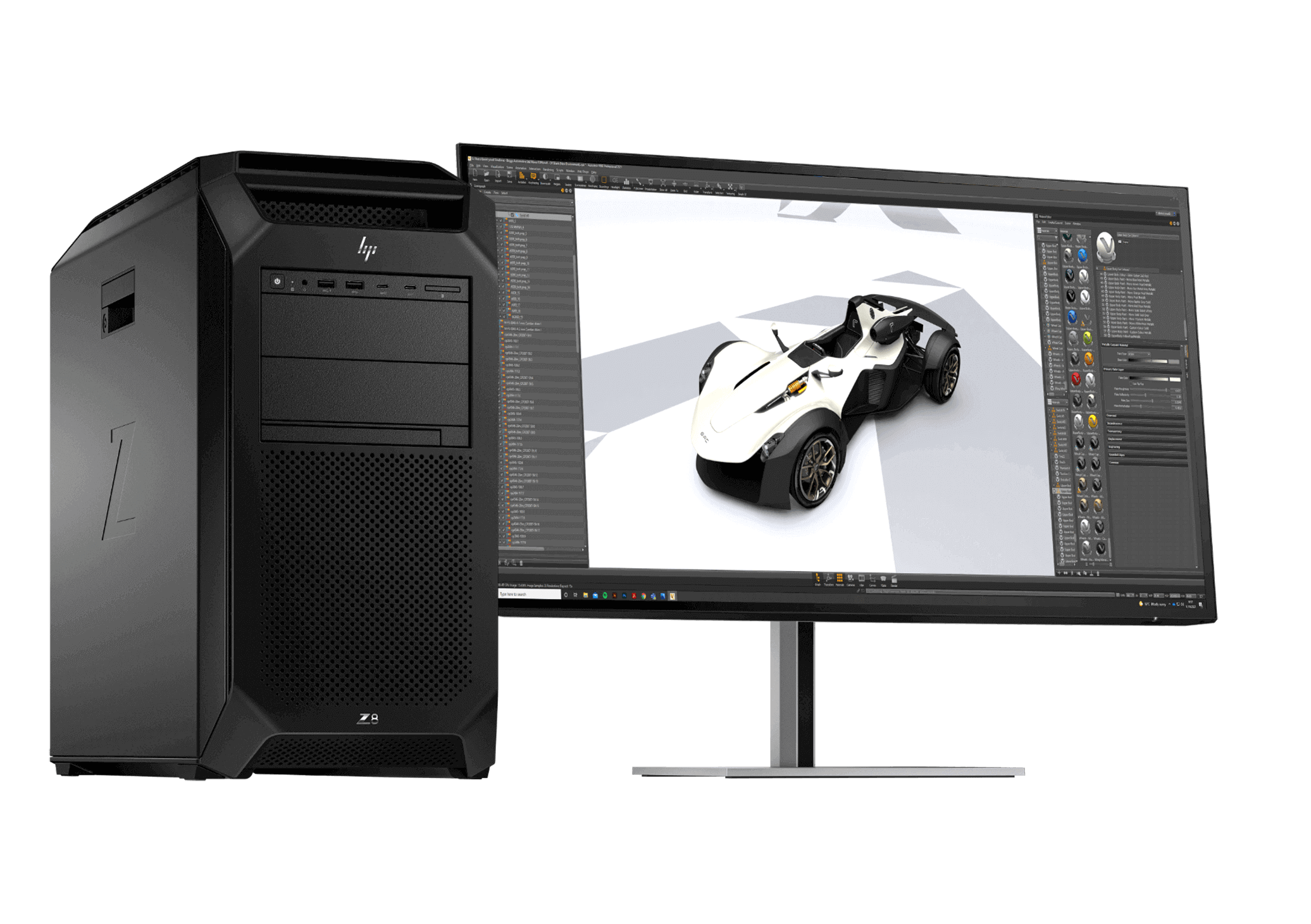 Z8 Fury Workstation naast een Z monitor met 3D-software op het scherm