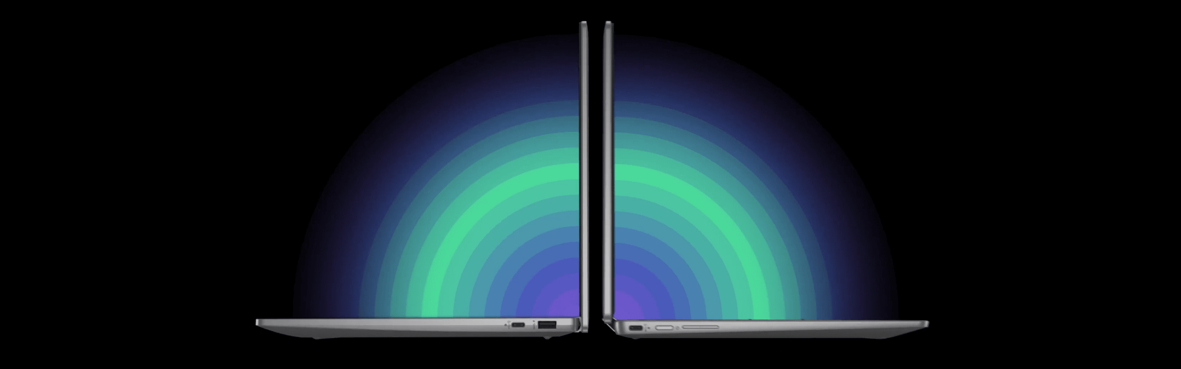 Two Chromebook laptops side by side on a black and blue background.