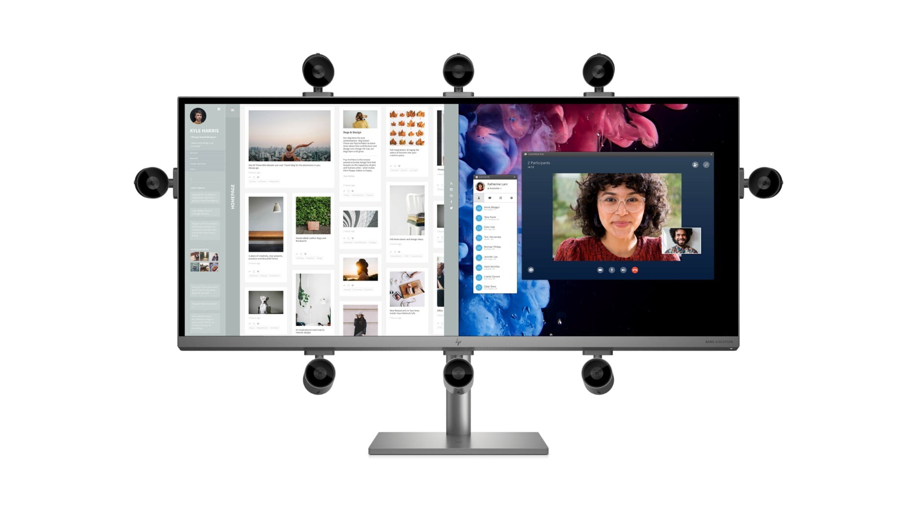 Eights cameras being held in different places around an HP ENVY 34-inch All-in-One Desktop