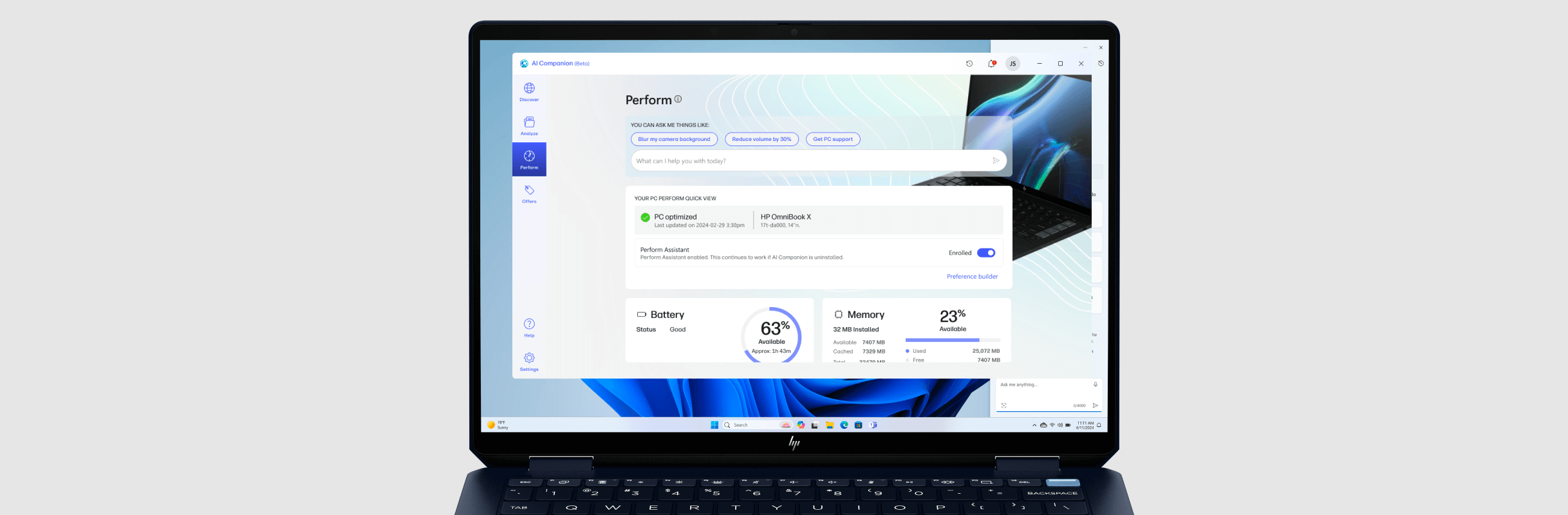 Laptop screen showing the Perform option on the HP AI Companion app