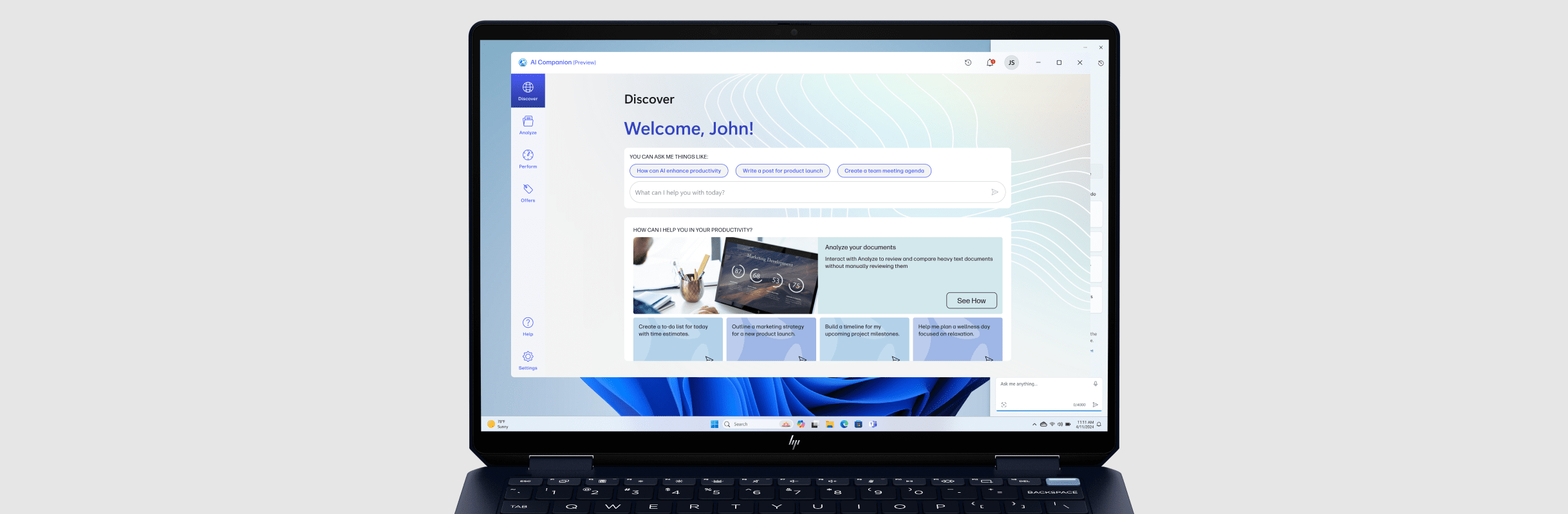 Laptop screen showing the Discover option on the HP AI Companion app