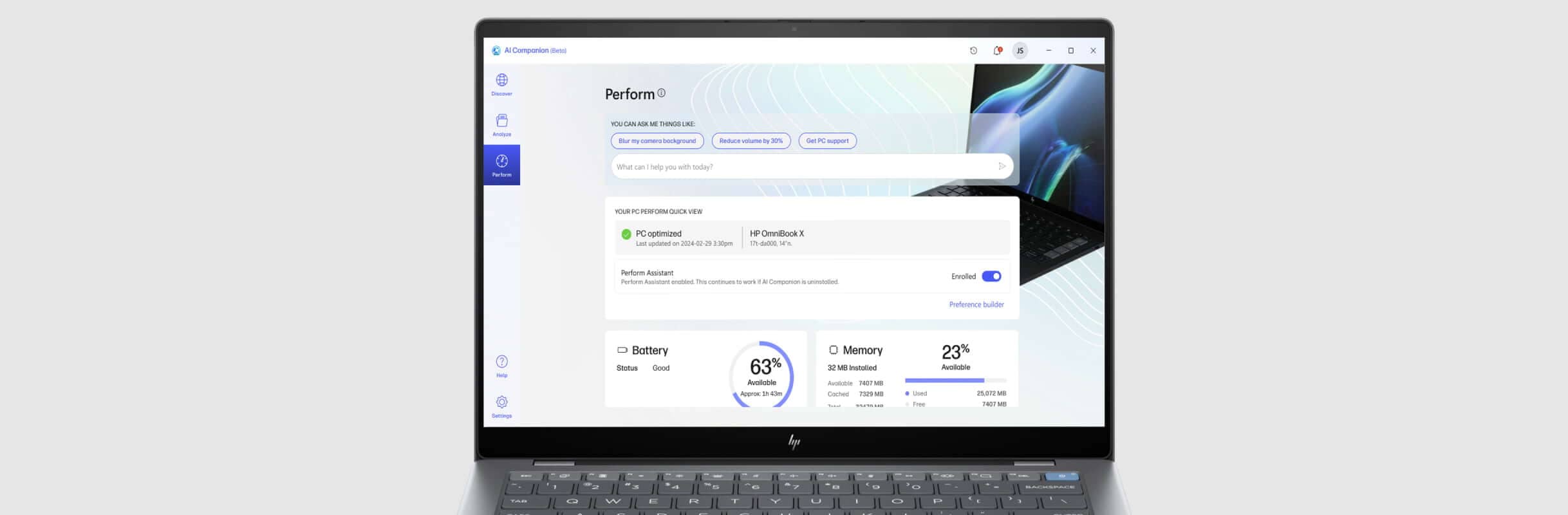 HP OmniBook laptop showing an HP AI Companion discover window on the screen