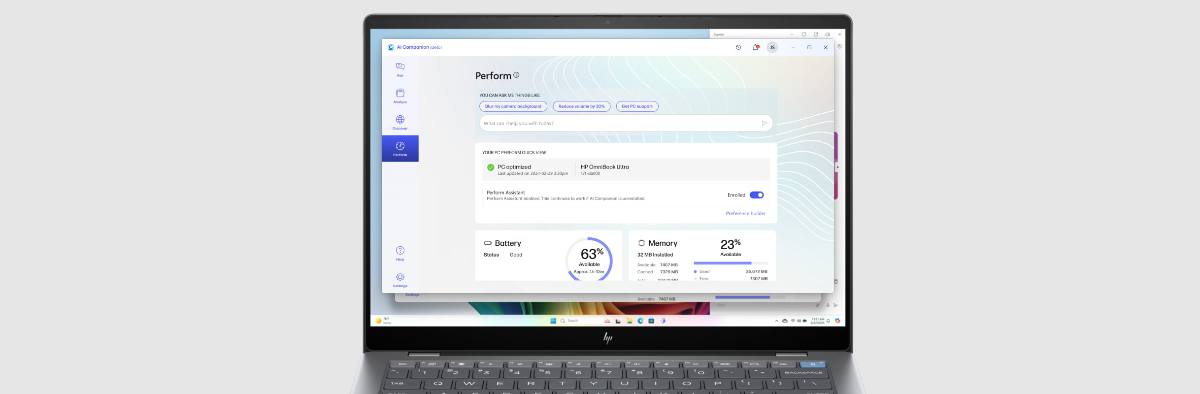 HP OmniBook laptop showing an HP AI Companion perform window on the screen