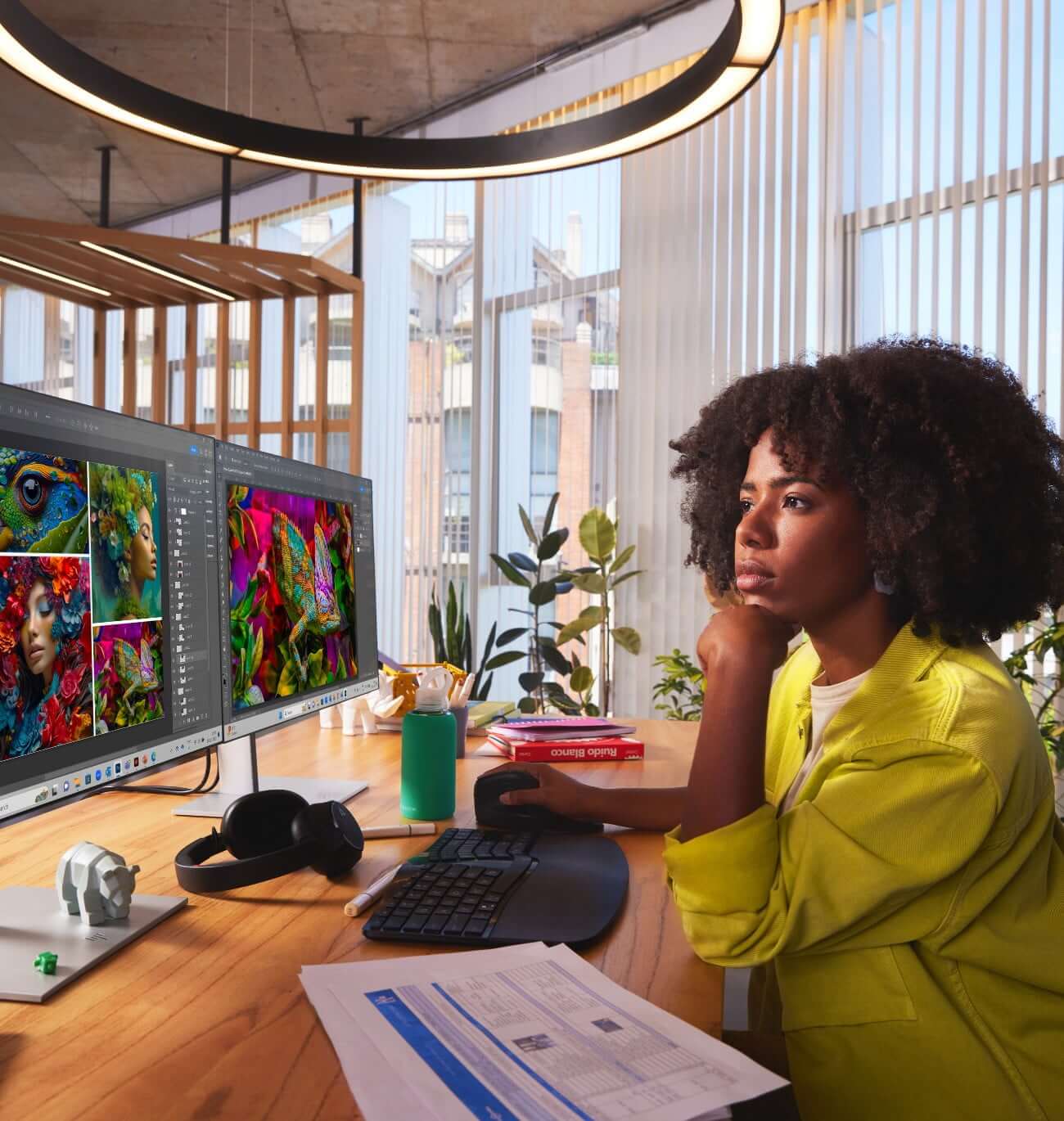 A woman working on dual HP monitors connected to an HP laptop