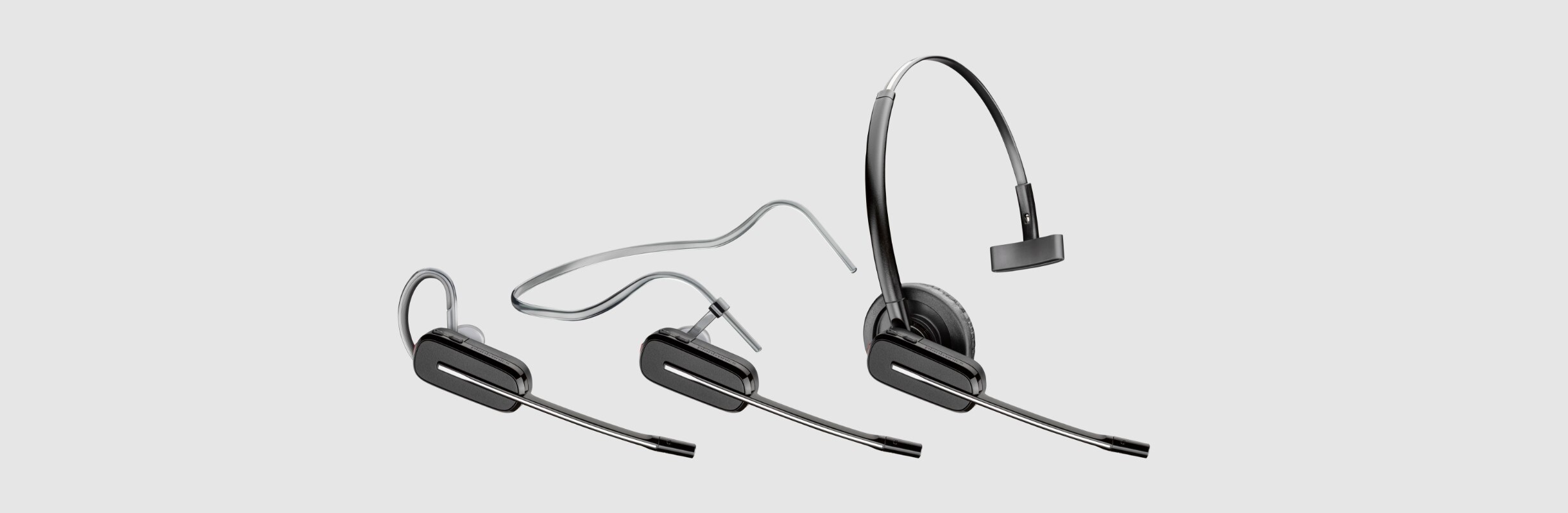 Poly Savi 8240 headset shown with three wearing style options