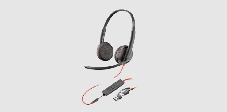 Auriculares estéreo UC con cable Poly Blackwire 3225 con controles en línea y opción de conexión de 3 mm, o adaptador USB-C a USB-A