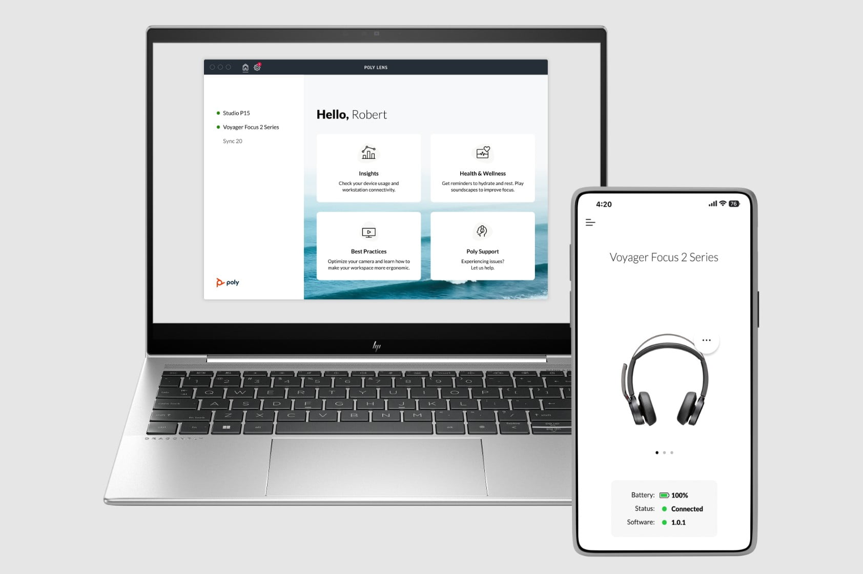 Poly Lens connected device status user interface on laptop and mobile phone screens