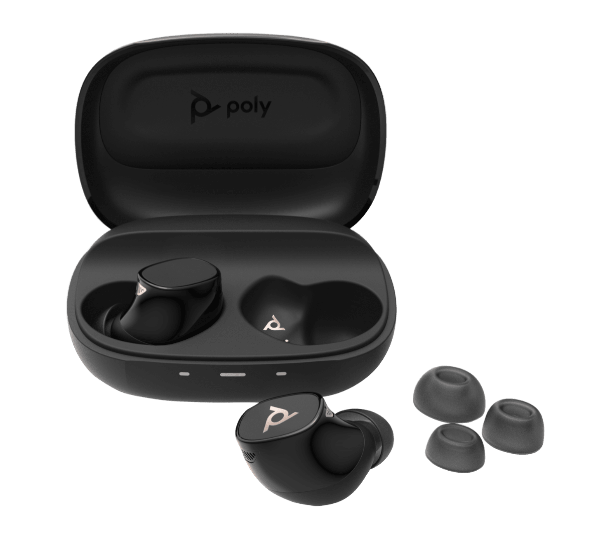 Front view of Poly Voyager Free 20 earbuds