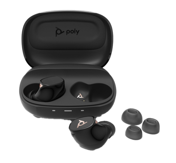 Front view of Poly Voyager Free 20 earbuds