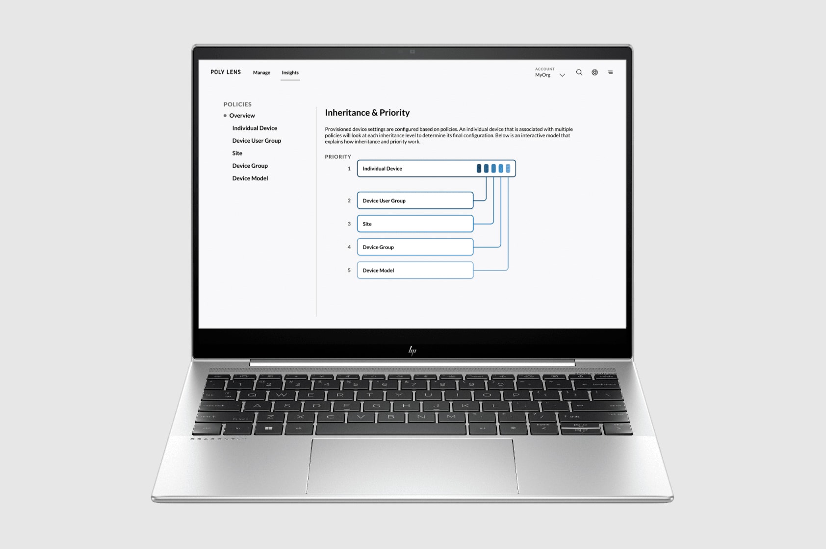 Billede af en HP-computer, der viser status for Poly Lens.