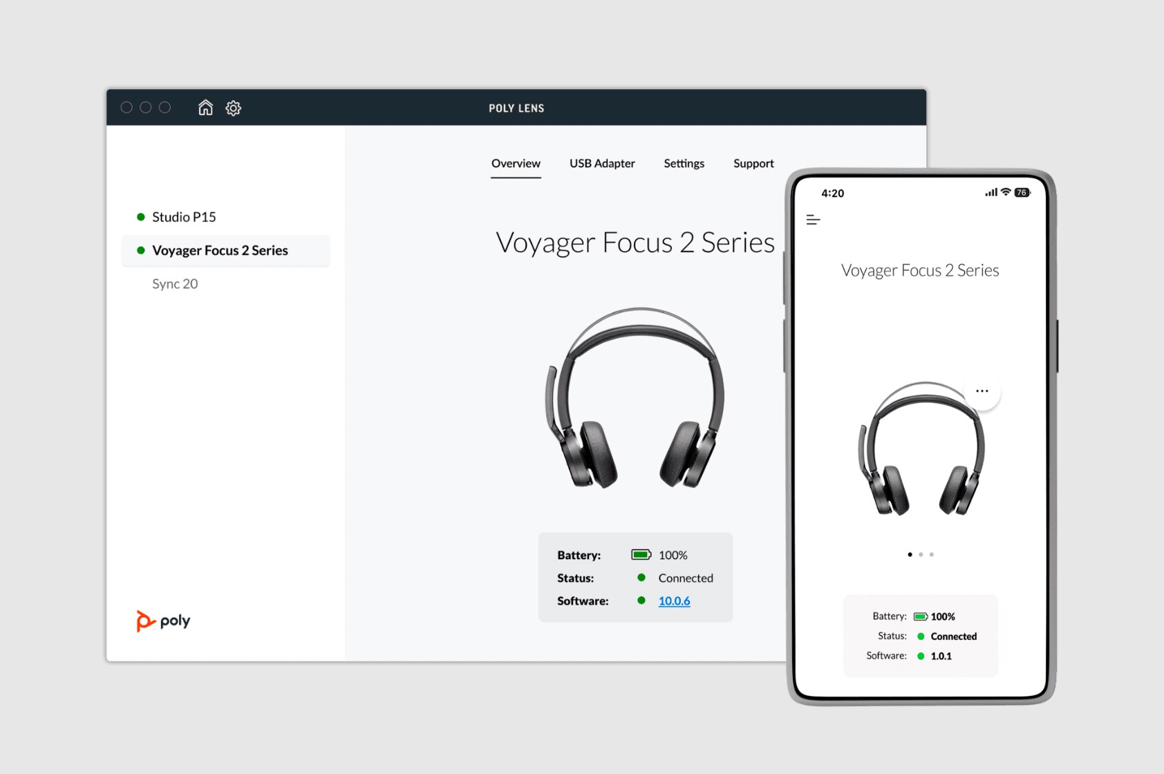 Poly App-billede, der viser information om Voyager Focus 2 Series