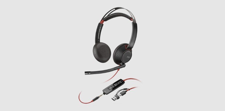 Poly Blackwire 5220 noise cancelling wired stereo headset showing inline controls and USB-A connector