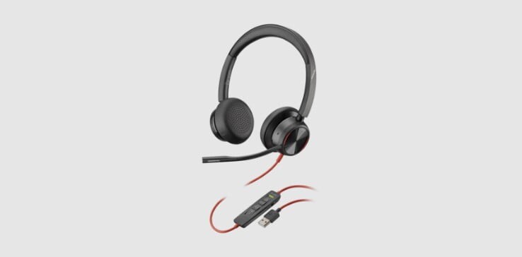 Poly Blackwire 8225 noise cancelling wired stereo headset showing inline controls and USB-A connector​