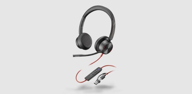 Poly Blackwire 8225 noise cancelling wired stereo headset showing inline controls and USB-A connector​