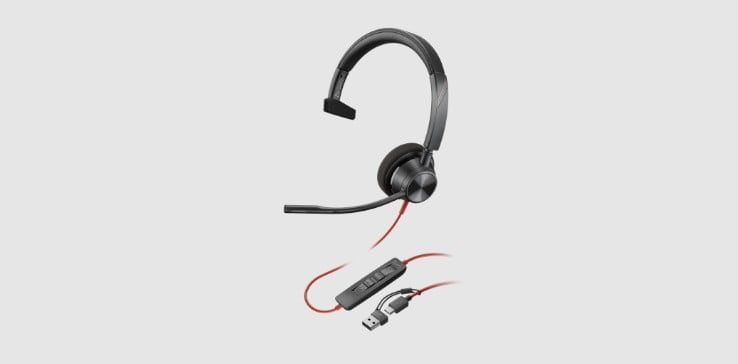 Poly Blackwire 3310 Corded UC Headset with USB-C to USB-A Adapter