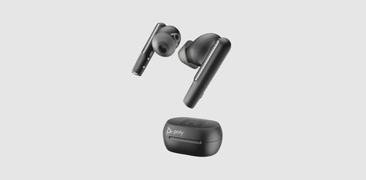 Poly Voyager Free 60+ UC wireless earbuds shown with case​