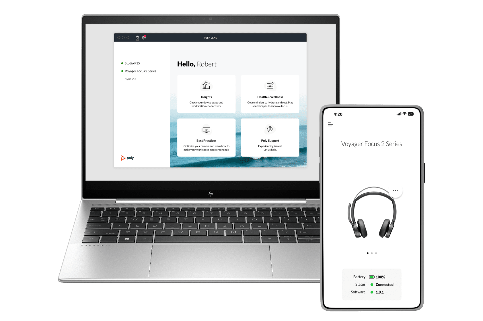 Poly Lens connected device status user interface on laptop and mobile phone screens