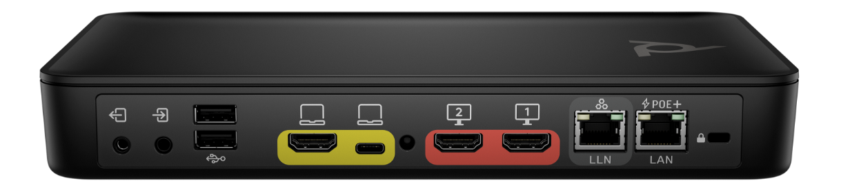 Rear view of Poly G7500 conference system base, showing connection inputs