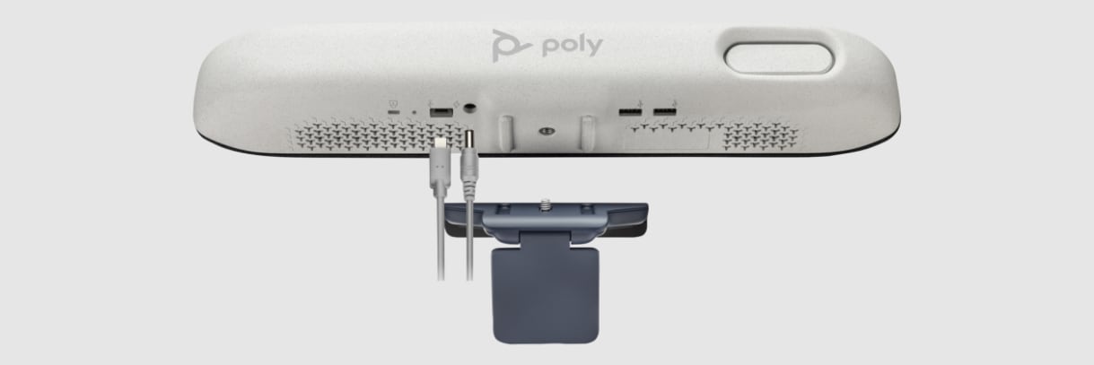 Poly monitor display mounting clamp showing how it connects to underside back of Poly Studio video bar​