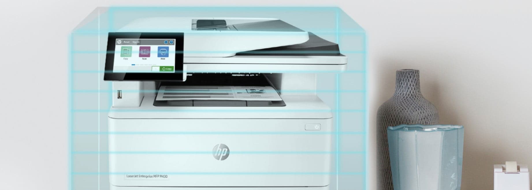 HP LaserJet printer surrounded by blue transparent color to represent security