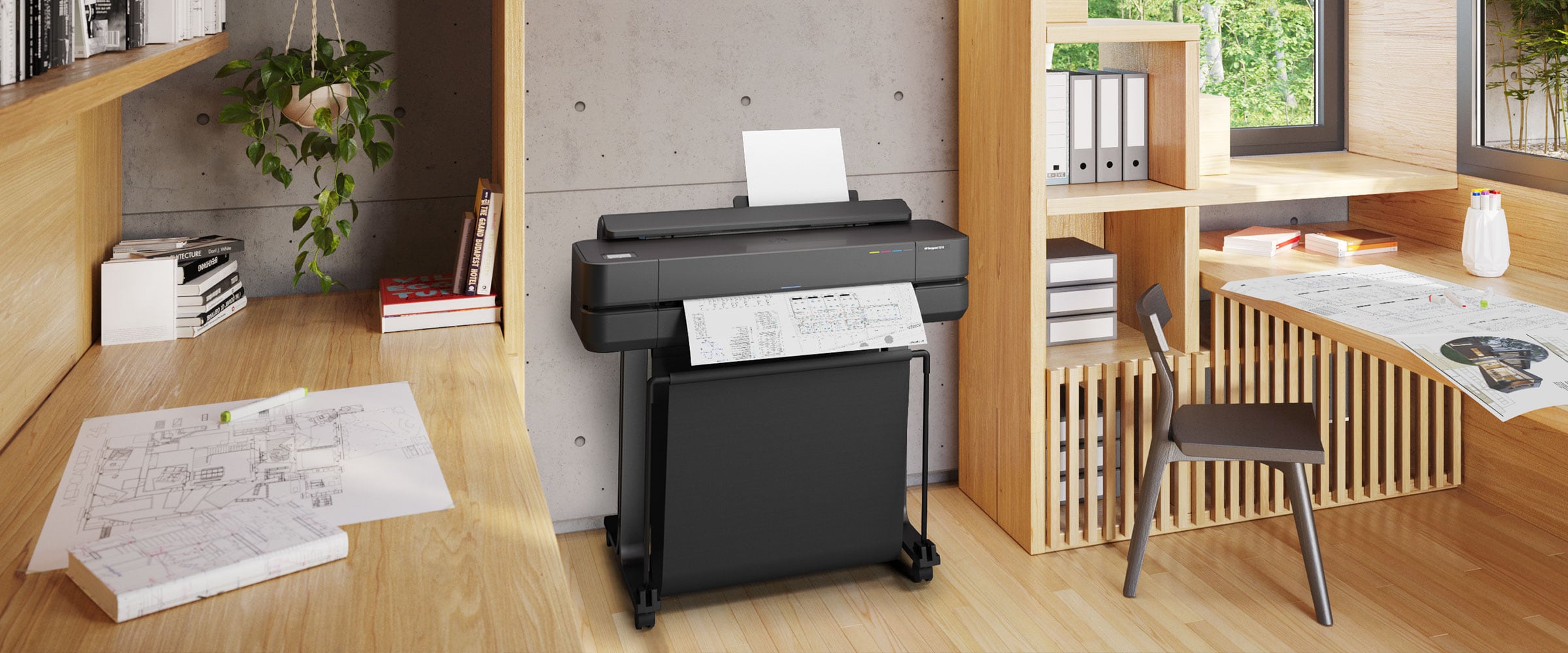 HP DesignJet T650 plotter with media output