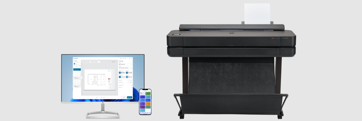 Front view of the HP DesignJet T600 plotter with a monitor and a mobile device on the side