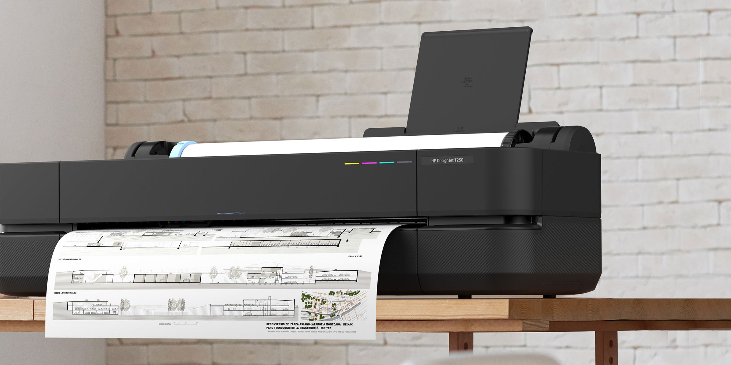 HP DesignJet T250 plotter with media output