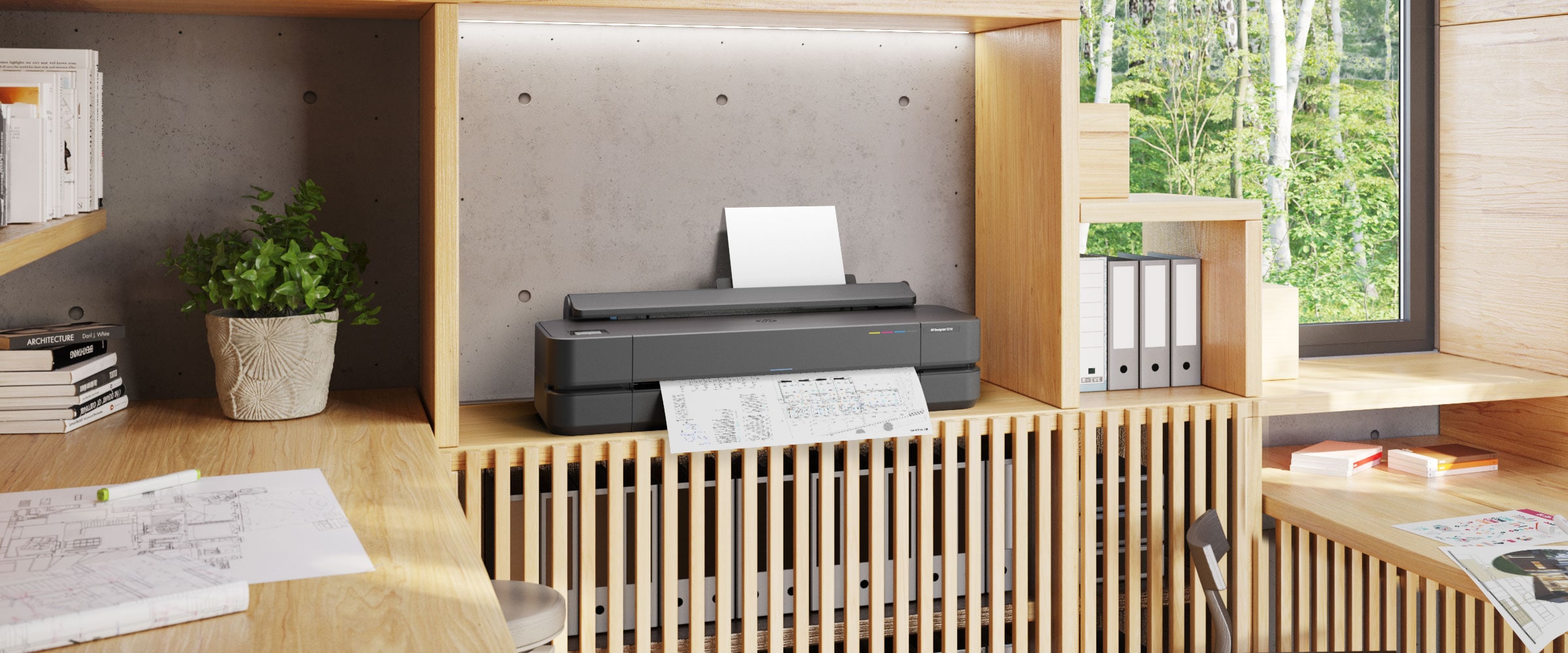 Plotter HP DesignJet T250 con salida de materiales