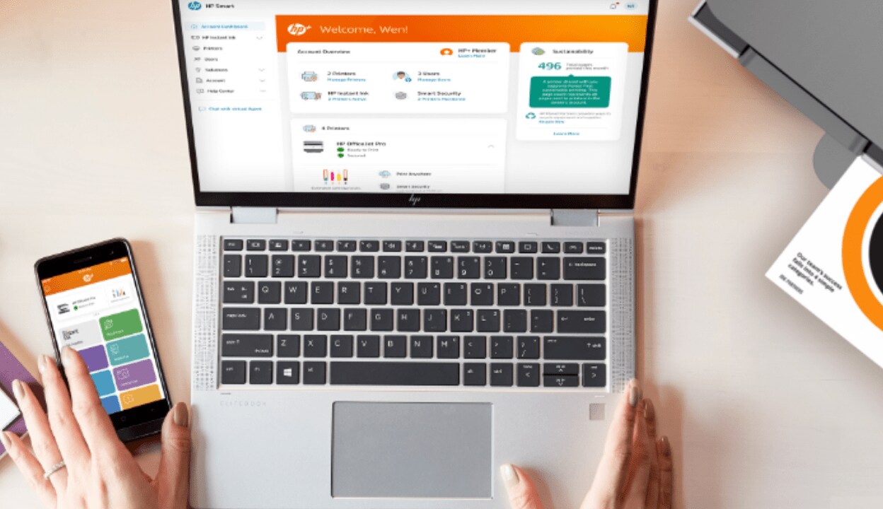 HP Smart App opened in a laptop and a mobile phone