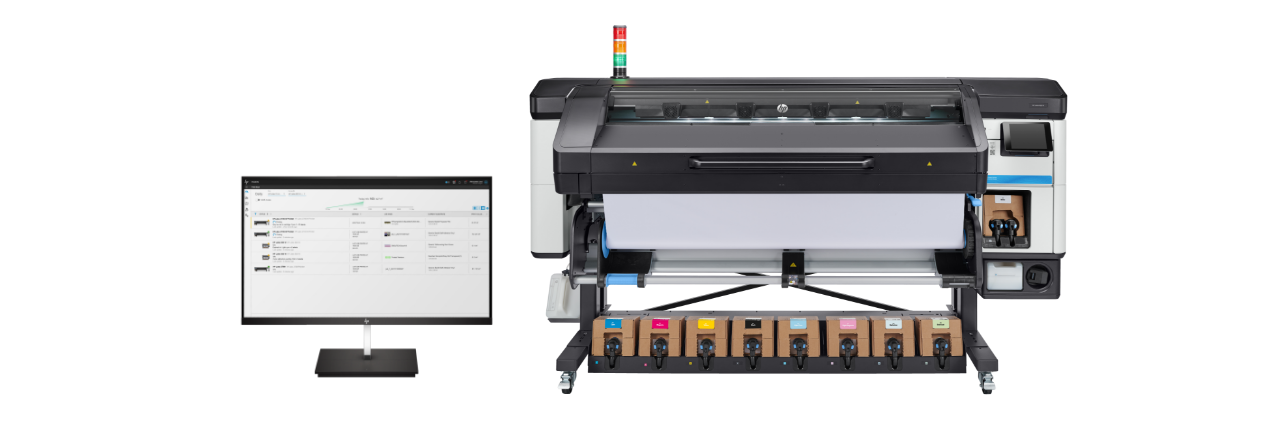 Front view of HP Latex 800 printer next to monitor with HP Print OS interface onscreen