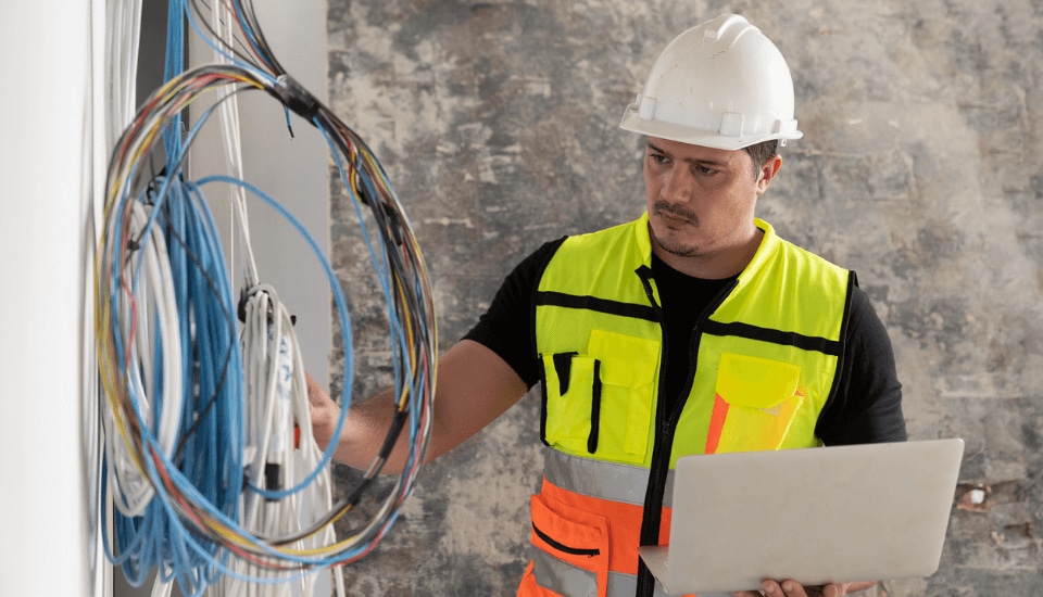 Electrical engineer inspecting wiring as part of a strategy to ensure electrical safety in building construction