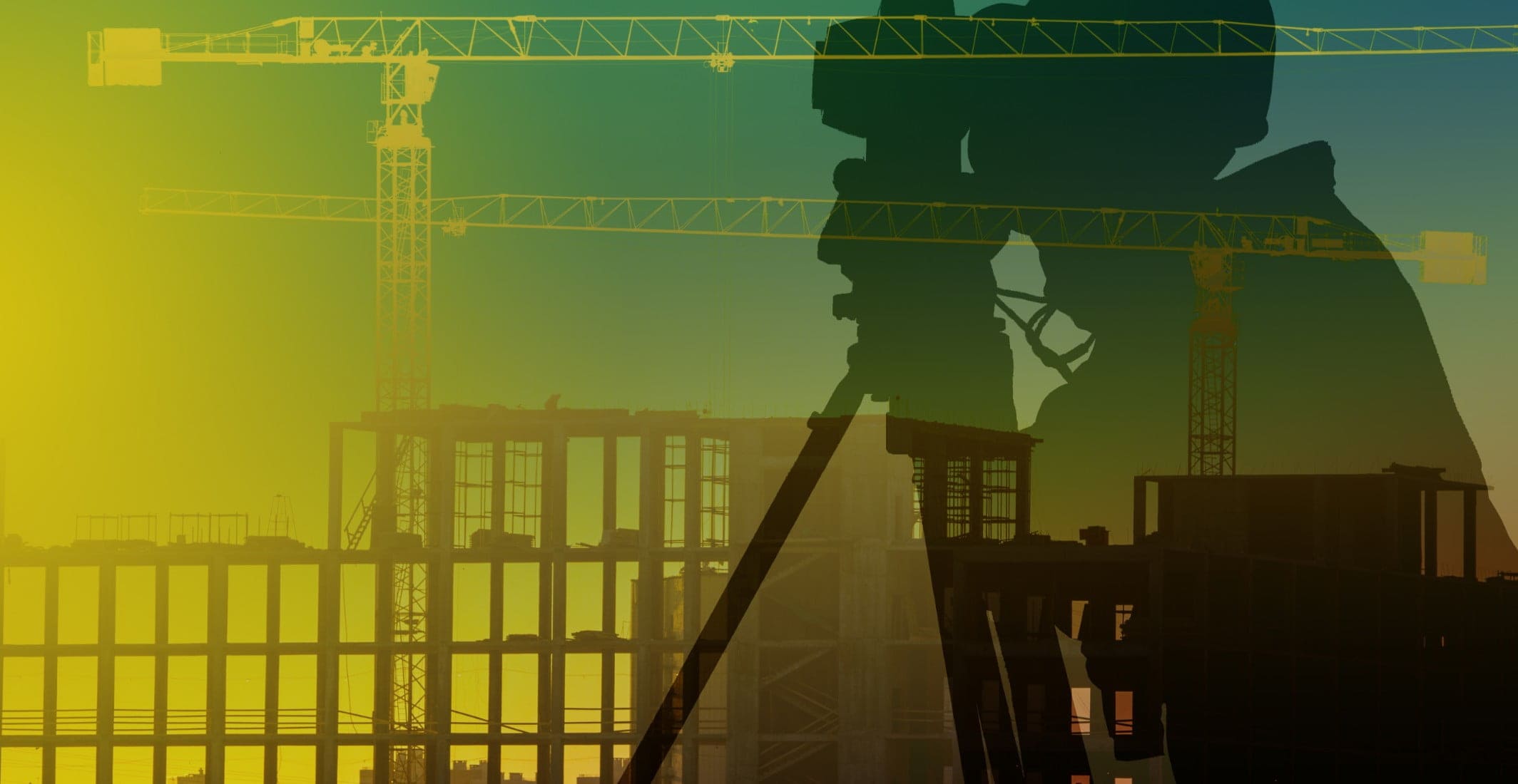 Image of a construction site with a crane with a silhouette of a construction worker.