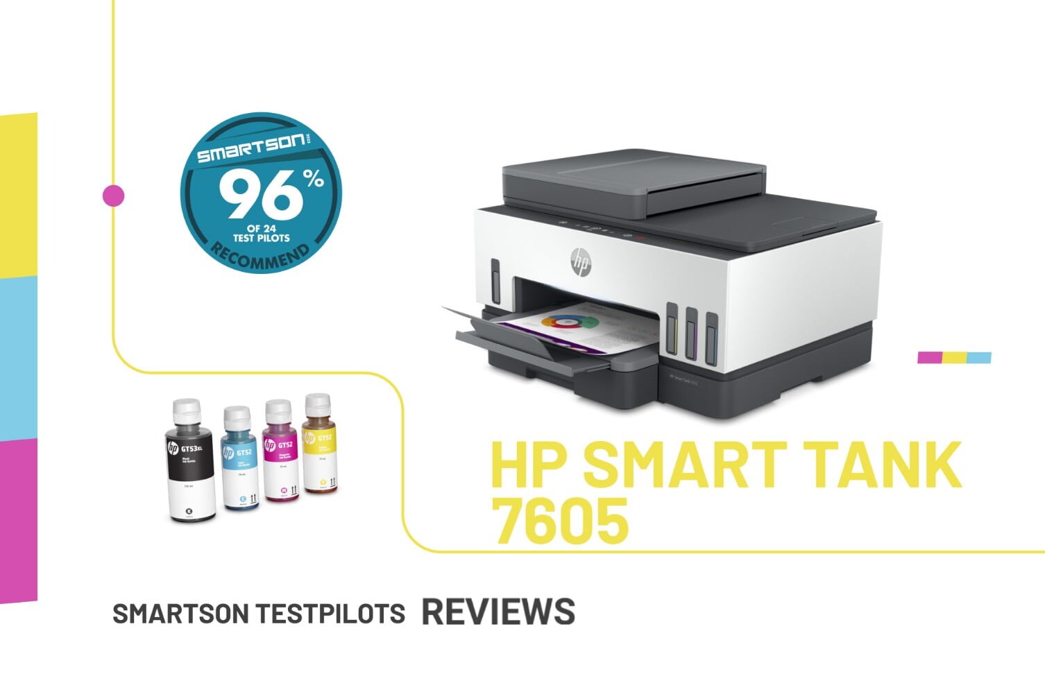 HP Smart tank 7605 -tulostin mustilla ja värimustepulloilla