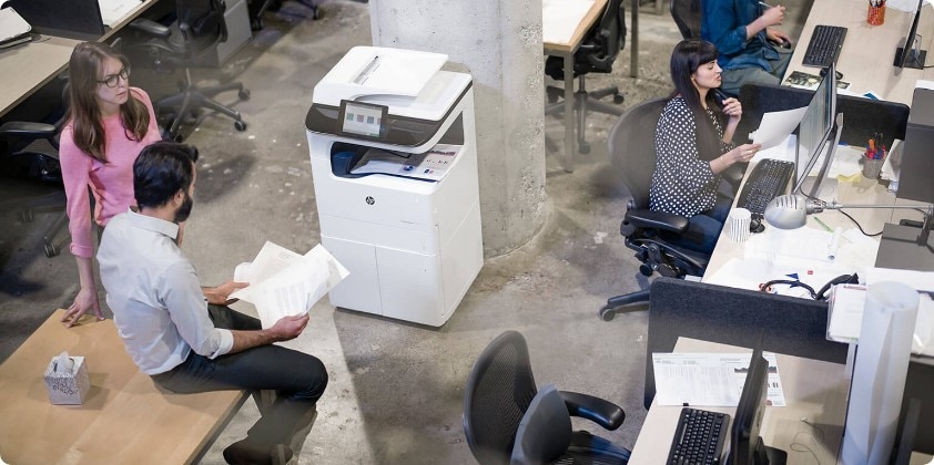 A group of co-workers in their office working on their HP computers.