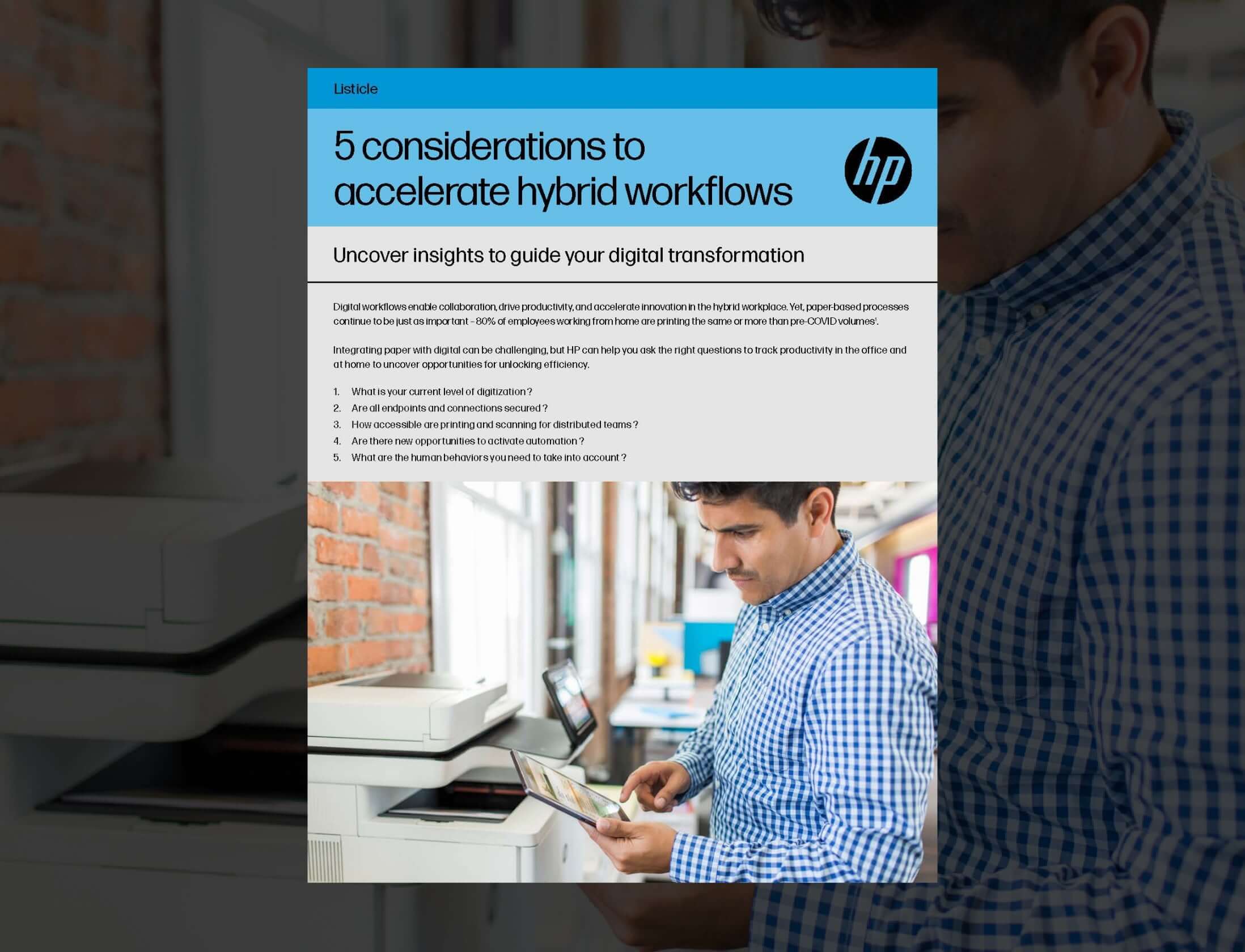 Front page of 5 considerations to accelerate hybrid workflows brochure