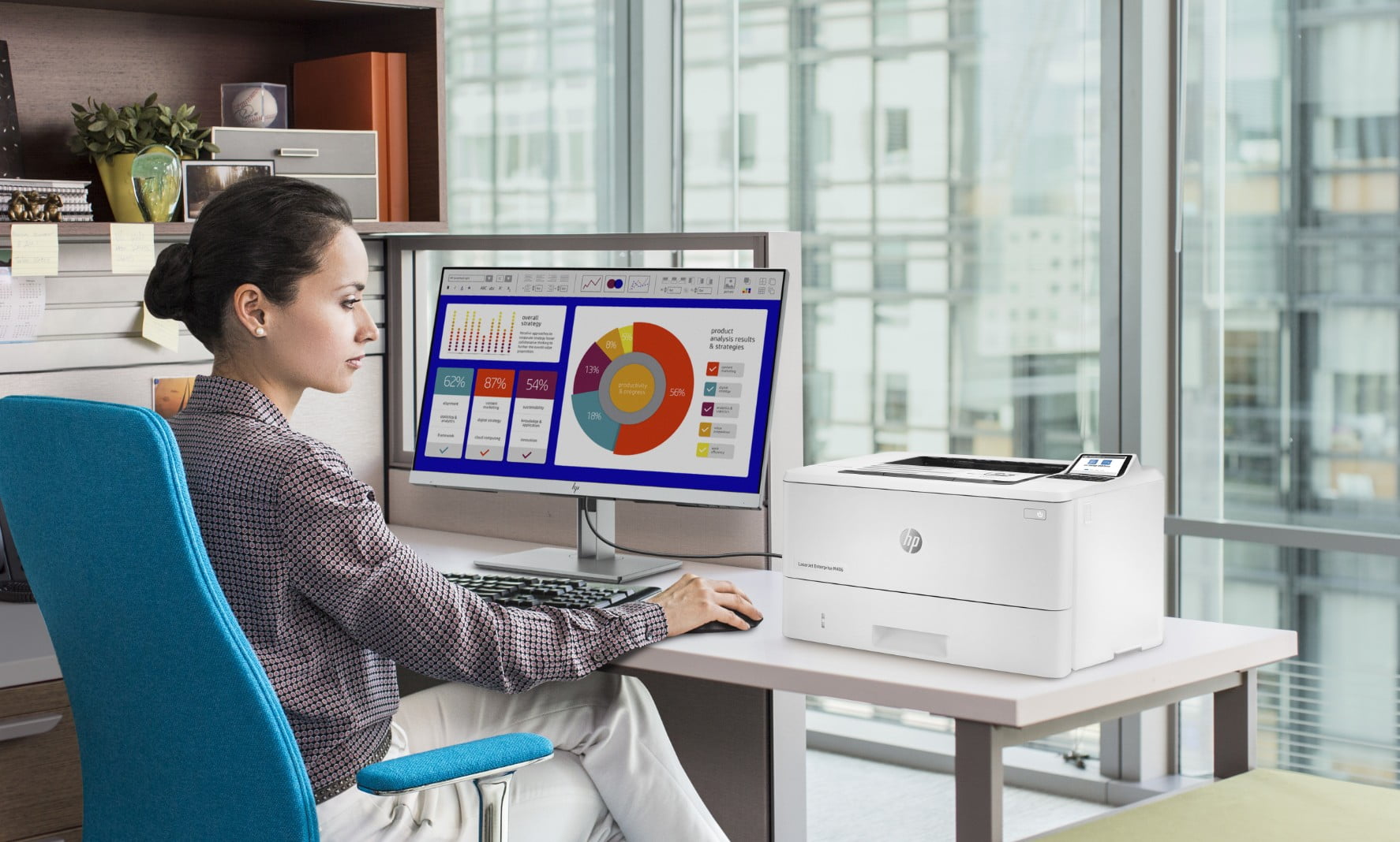 HP Color Laserjet on desk in professional office with female worker printing documents