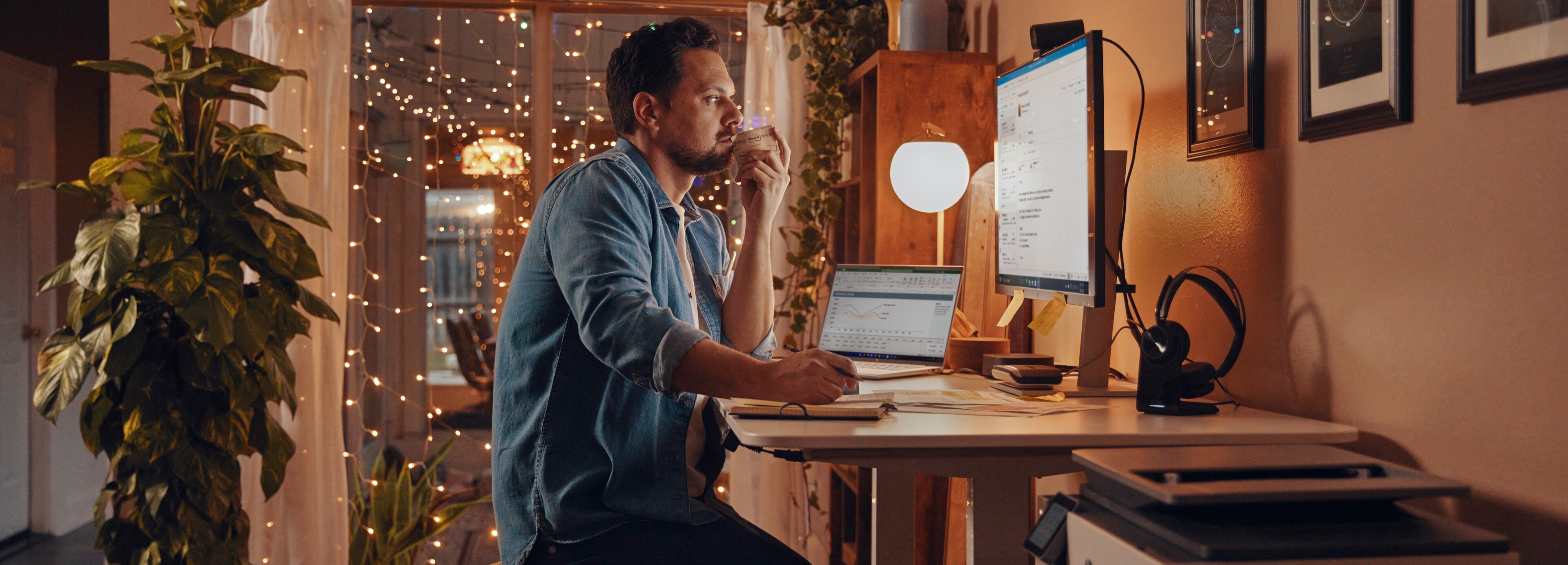 A man sitting at a desk and using an HP laptop connected to an HP monitor