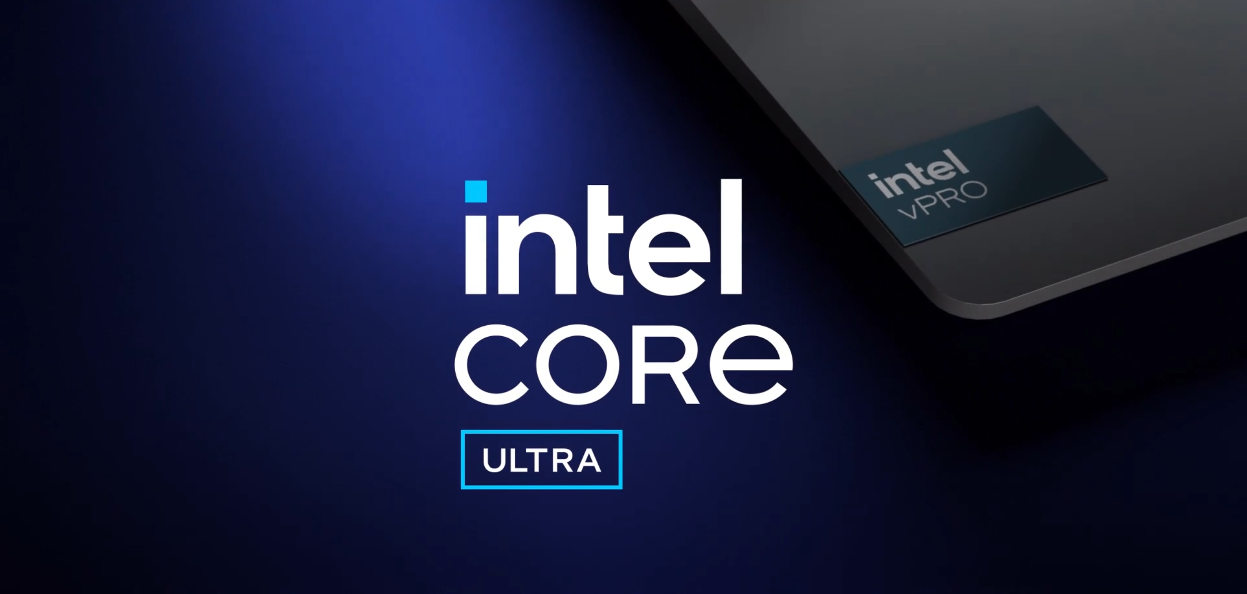  Intel Core Ultra logo displayed on a dark background, with a partial view of a device featuring an Intel vPro sticker. 