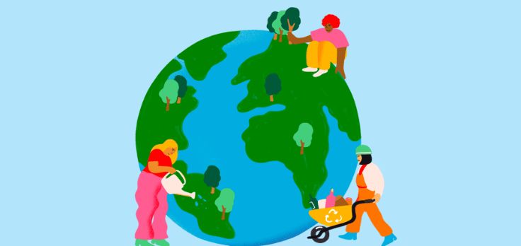 Drawing of a world with people on top of it.