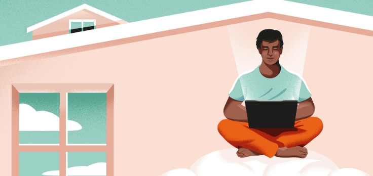 Drawing of a man sitting outside his house in front of a computer