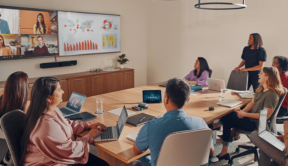 people having virtual meeting using hp poly studio conferencing products