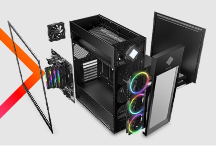 A man is assembling components to a gaming desktop