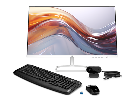 HP Series 5 27 inch FHD Monitor with Speakers, HP Wireless Mouse and Keyboard + HP FHD Webcam Bundle